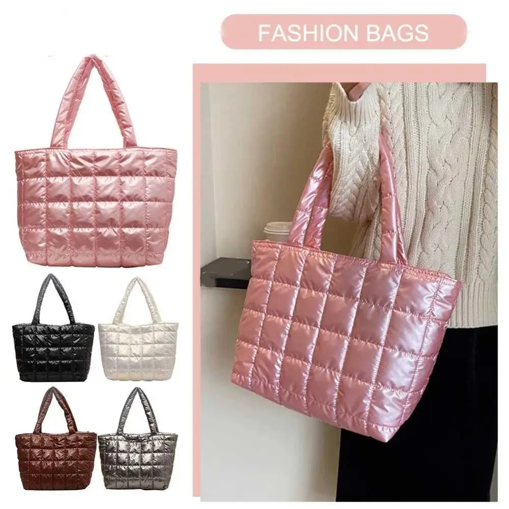 

Korean Style Down Cotton Shoulder Bag Large Capacity Solid Color Puffy Bag Lightweight Checkered Cotton-padded Tote Bag