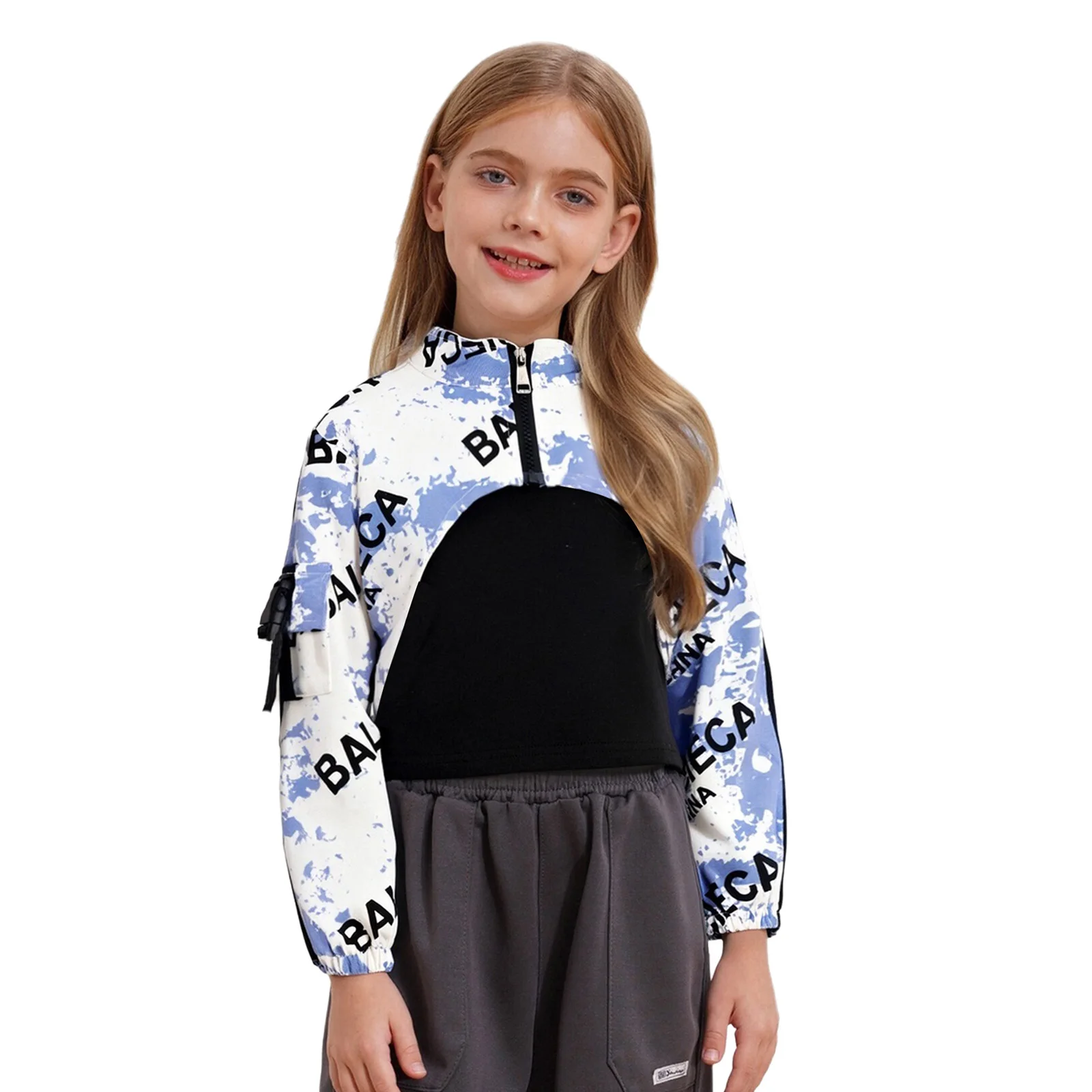 

Kids Girls Jacket Coat Hip-Hop Dance Top Letter Printed Color Block Stand Collar Long Sleeve Asymmetrical Hem Zipper Crop Top