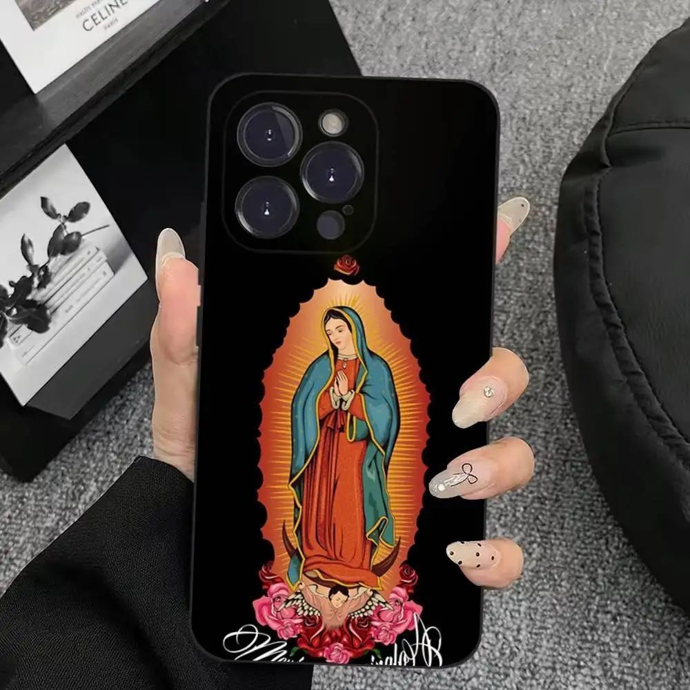 聖母マリア iPhoneケース iPhone 17、16、15、14、13、12、11、Plus、Pro Max、XS、X、XR、SE、Mini、8、7対応 ソフトシリコン製 ブラックカバー