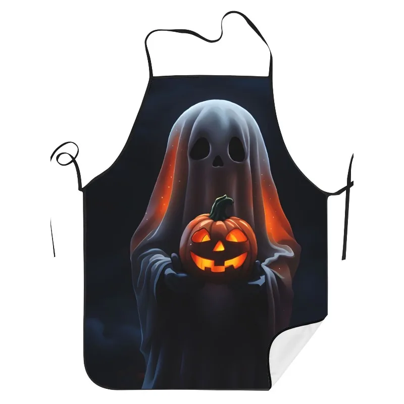 

Spooky Halloween Apron for Men Women Black with Lantern Ghost Design, Durable Polyester Perfect for Cooking, Baking