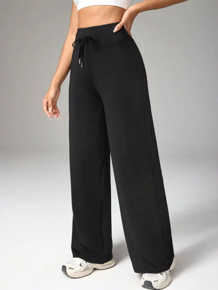 Women's Sports Yoga Flare Pants High Waist Drawstring Straight Wide Leg Pant Thin Sports Comfort Elastic Fitness Sports Trousers
