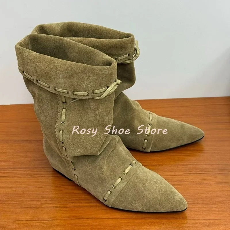 

Autumn Winter Punk Retro Pointed Toe Designer Boots Khaki Suede Fashion Slouchy Boots Black Leather Slip On Elegant Flat Boots