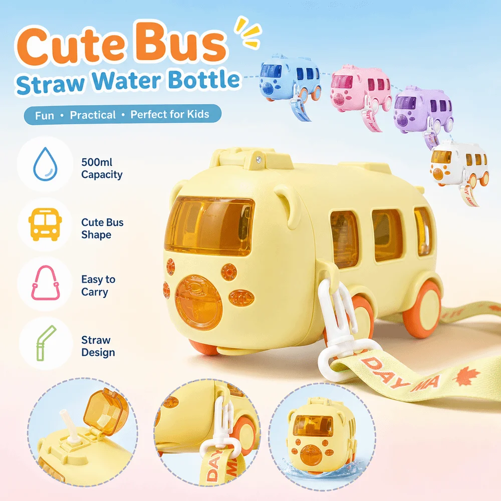 New 500ml Bear Water Bottle Bus Shaped Large Capacity Drinking Bottle Reusable Shoulder Strap Car Straw Cup School