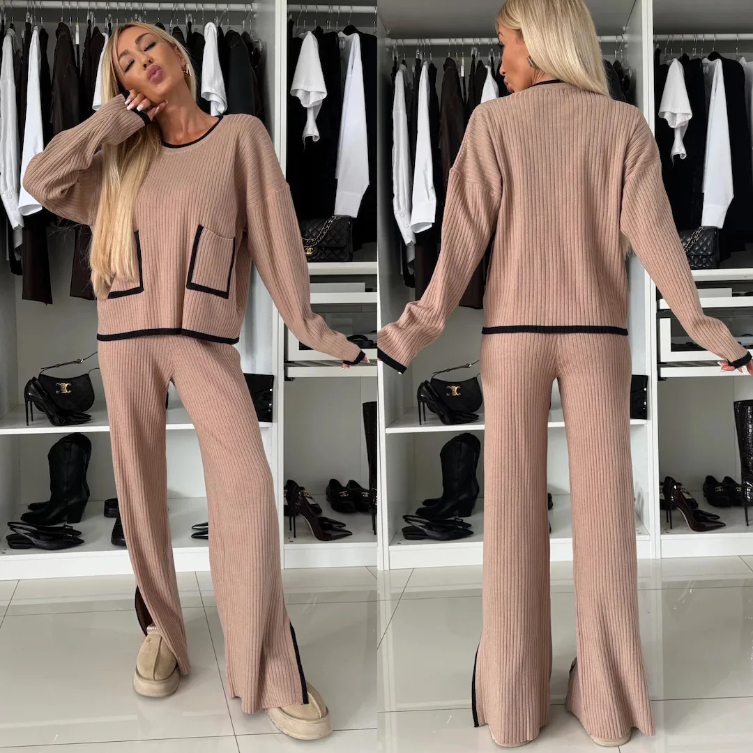 Spring Autumn Women\'s Set Two Pieces Female Contrast Pocket Knit Pullovers + Slit Wide Leg Pants Elegant 2-piece Sets For Women