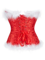 Scriardv Women Christmas Feather Trim Corset Top Mrs Claus Plus Size Bustier Lingerie Costume