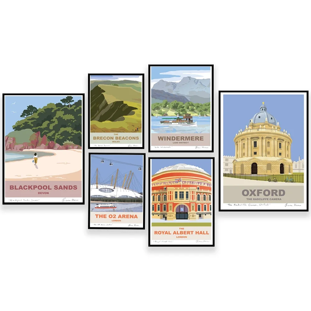 Lake District Lake Windermere, Blackpool sandy beach, Dartmoor, Devon, Welsh mountains, Chester Millennium Dome travel poster
