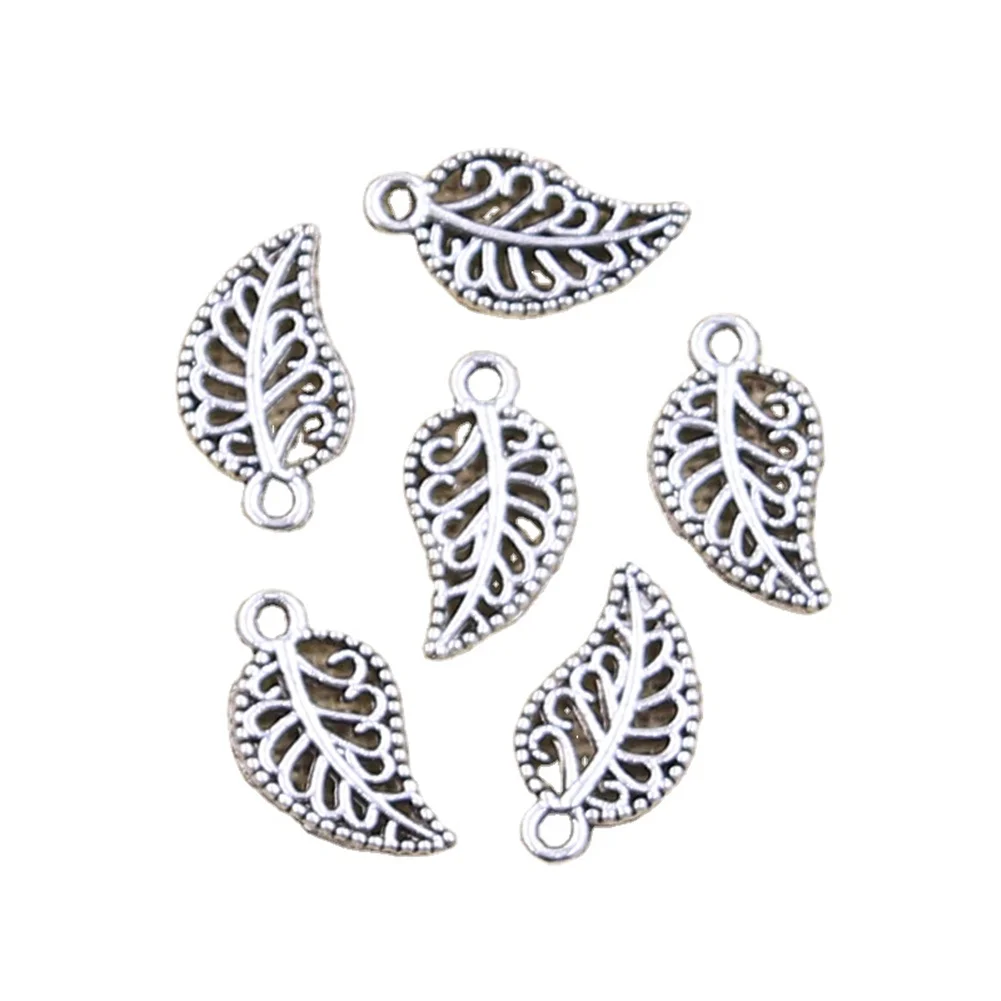 50pcs Charms Hollow Tree Leaf 14x7mm Antique Silver Color Pendants Making DIY Handmade Tibetan Finding Jewelry