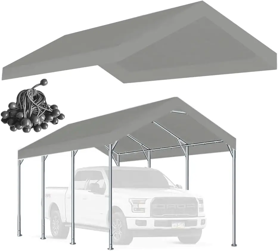 

10x20 FT Carport Replacement Cover, Heavy Duty Canopy Top with Ball Bungees, Gray