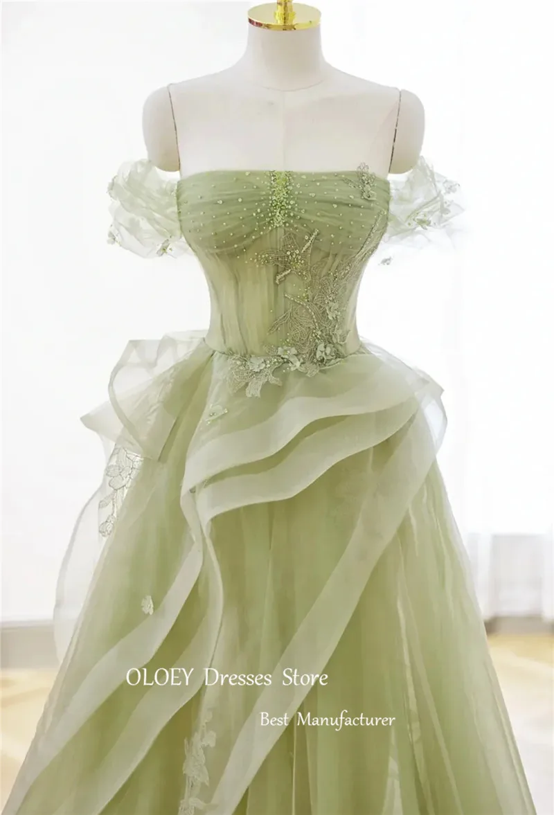 OLOEY Fairy Light Green Tulle A Line Long Evening Dresses Korea Wedding Photo shoot Flowers Pearls Ruffles Party Prom Gowns