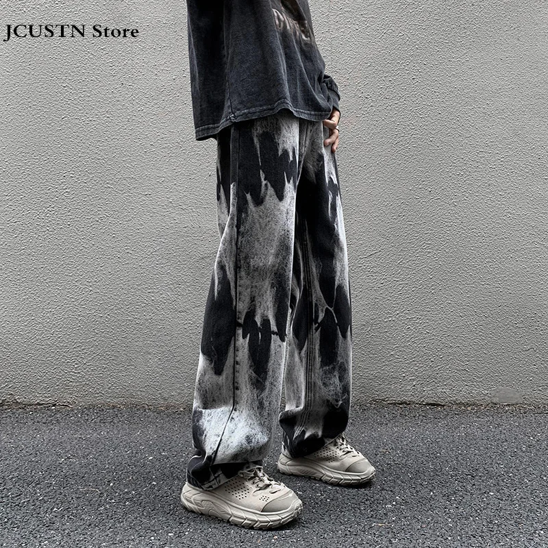 Men Tie Dye Jeans Baggy Elastic Waist Trousers Straight High Street Pants Male Punk Cool Streetwear Diablo Style Denim Pants