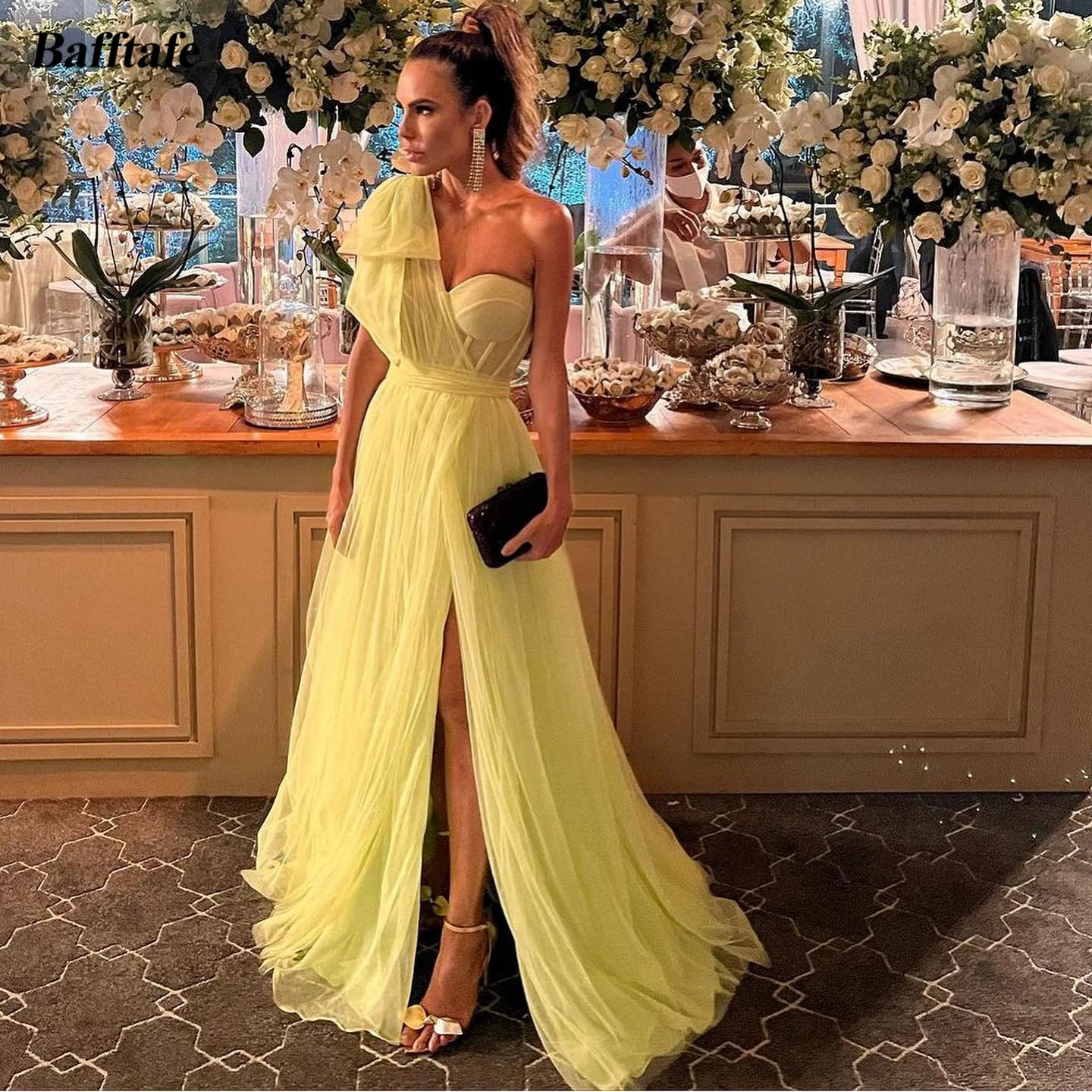 

Bafftafe Yellow Tulle Formal Party Dresses One Shoulder Bones Leg Slit Special Occasion Prom Gowns Evening Dress 빅사이즈 파티드레스 2024