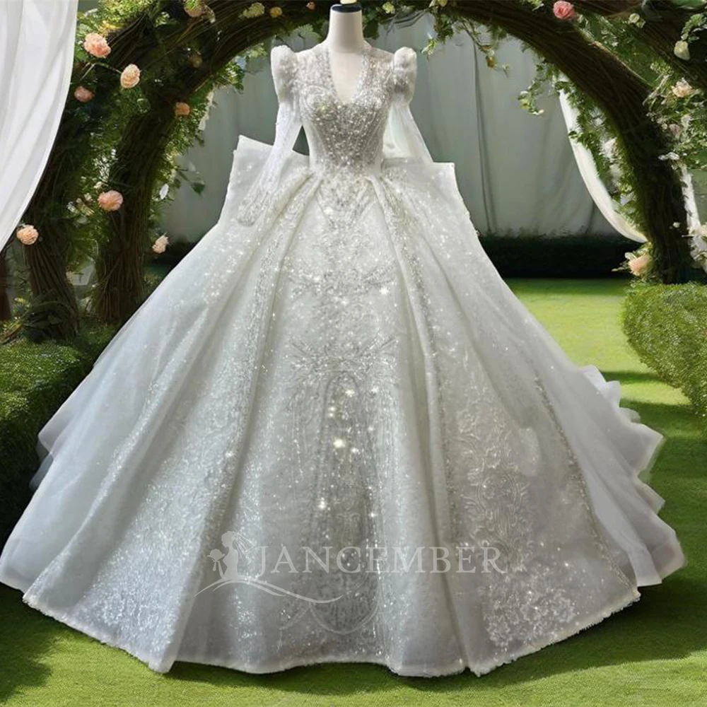 

Classic Lace Shine Wedding Dresses New Sequined Ball Gown Long-Sleeve Plus Size Court Train Bridal Gowns Dress Customized XS107