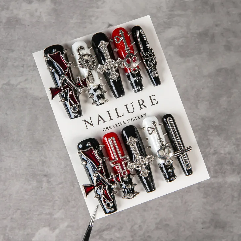 Handmade Long Coffin Press On Nails Black Red White Gothic Cross Metal Charms Fake Nails Punk Rivet Design Reusable Wearable Fal view 2
