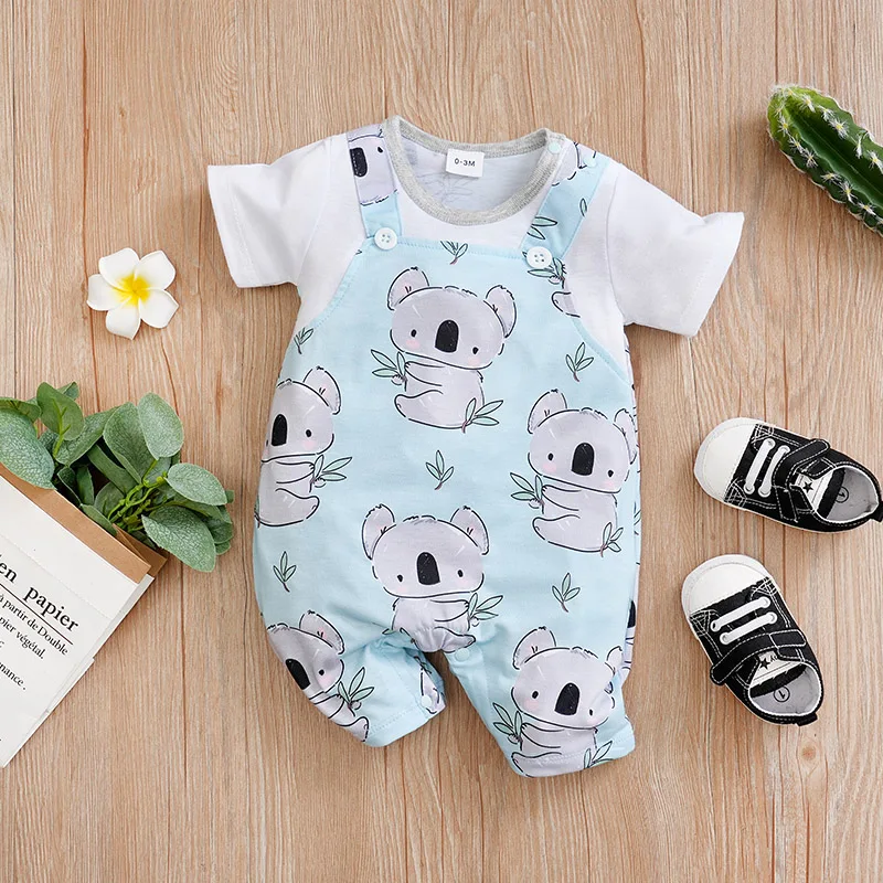 Summer newborn jumpsuit cute animal koala short sleeved fake shoulder strap jumpsuit comfortable pure cotton