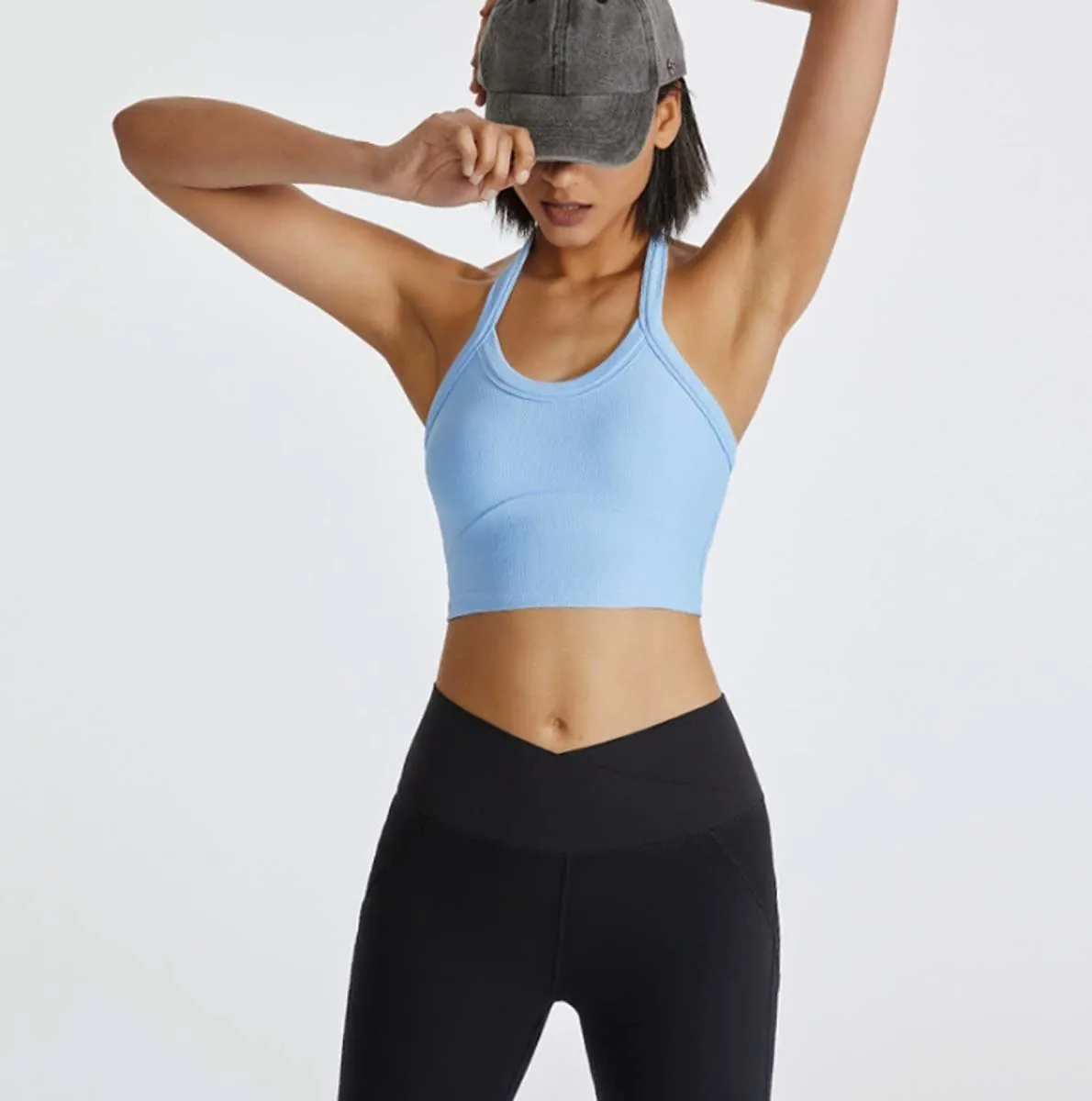 New American Fitness Sports Bra Underwear Female Ribbed Neck Shock Absorption Gathered Yoga Undershirt