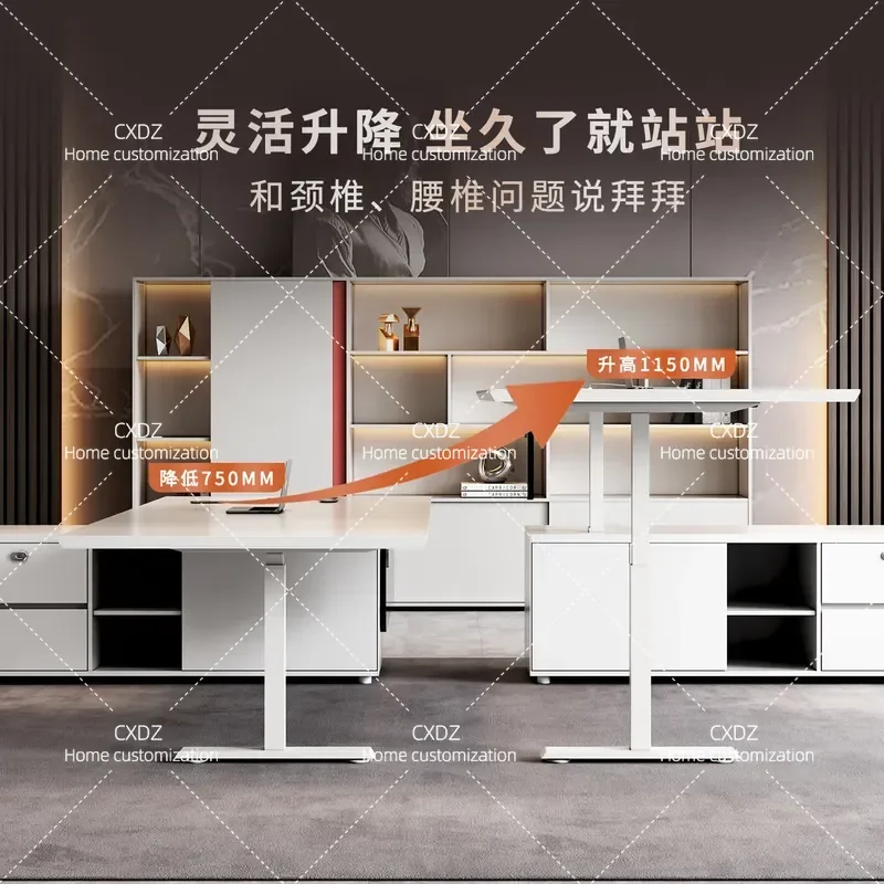 Smart Electric Height Adjustable Standing Desk White Minimalist Modern Office Table with Chair Ergonomic Lift Boss
