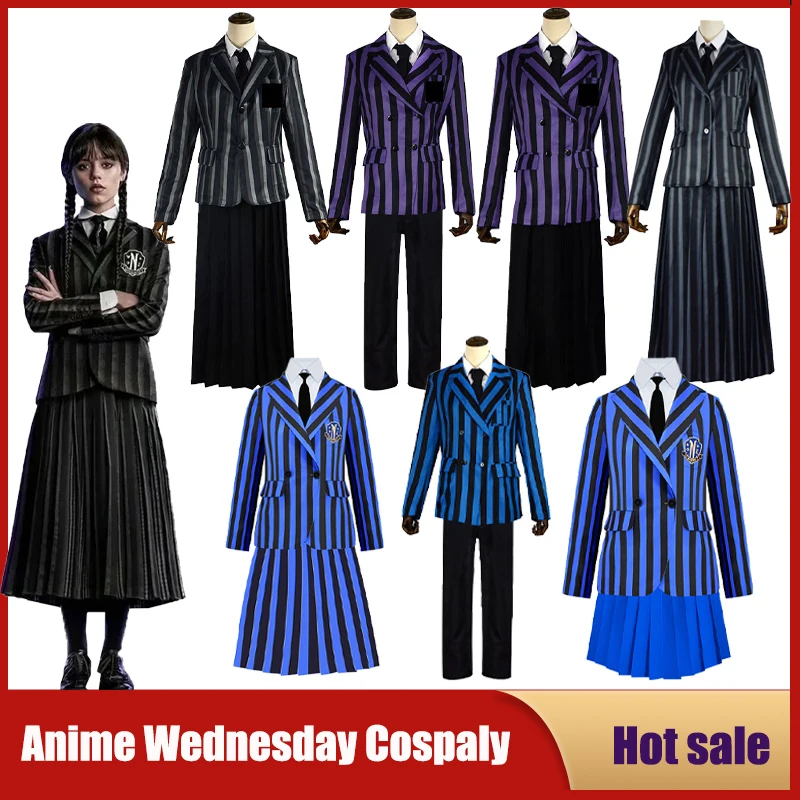 

Anime Wednesday Addams Cosplay Costume Nevermore Academy Striped School Uniforms For Girls Boys Halloween Party Wig Fancy Dress