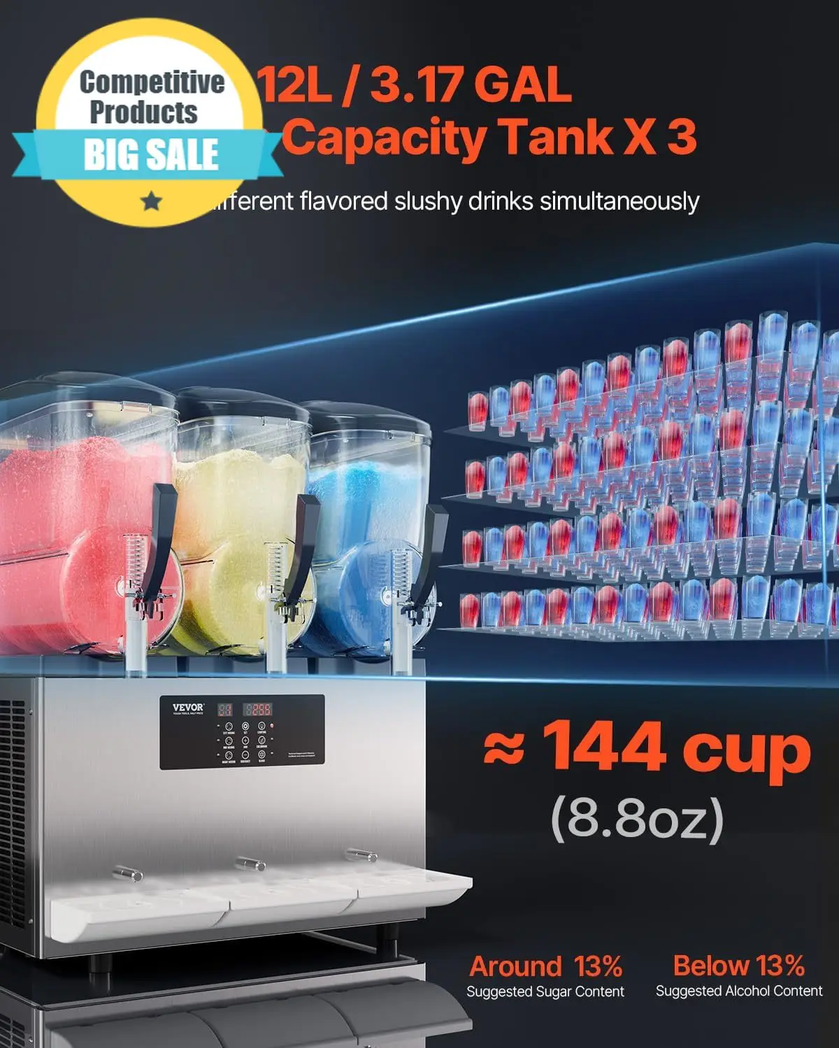 

Substantial Commercial Slushy Machine 12Lx3 Triple Tank Frozen Drink Machine 144 Cups Stainless Steel Margarita Smoothie Frozen