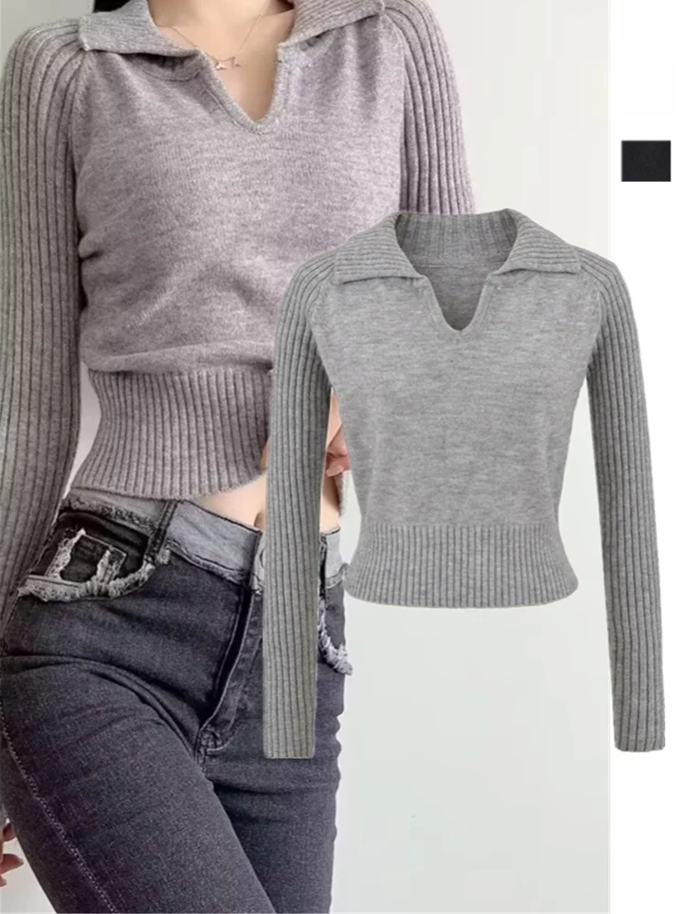 Fashionable Knitted Long Sleeve  Neck Short Top Warm Base Shirt Bloggers Style Turn-down Collar Cozy Sweater Female Spring