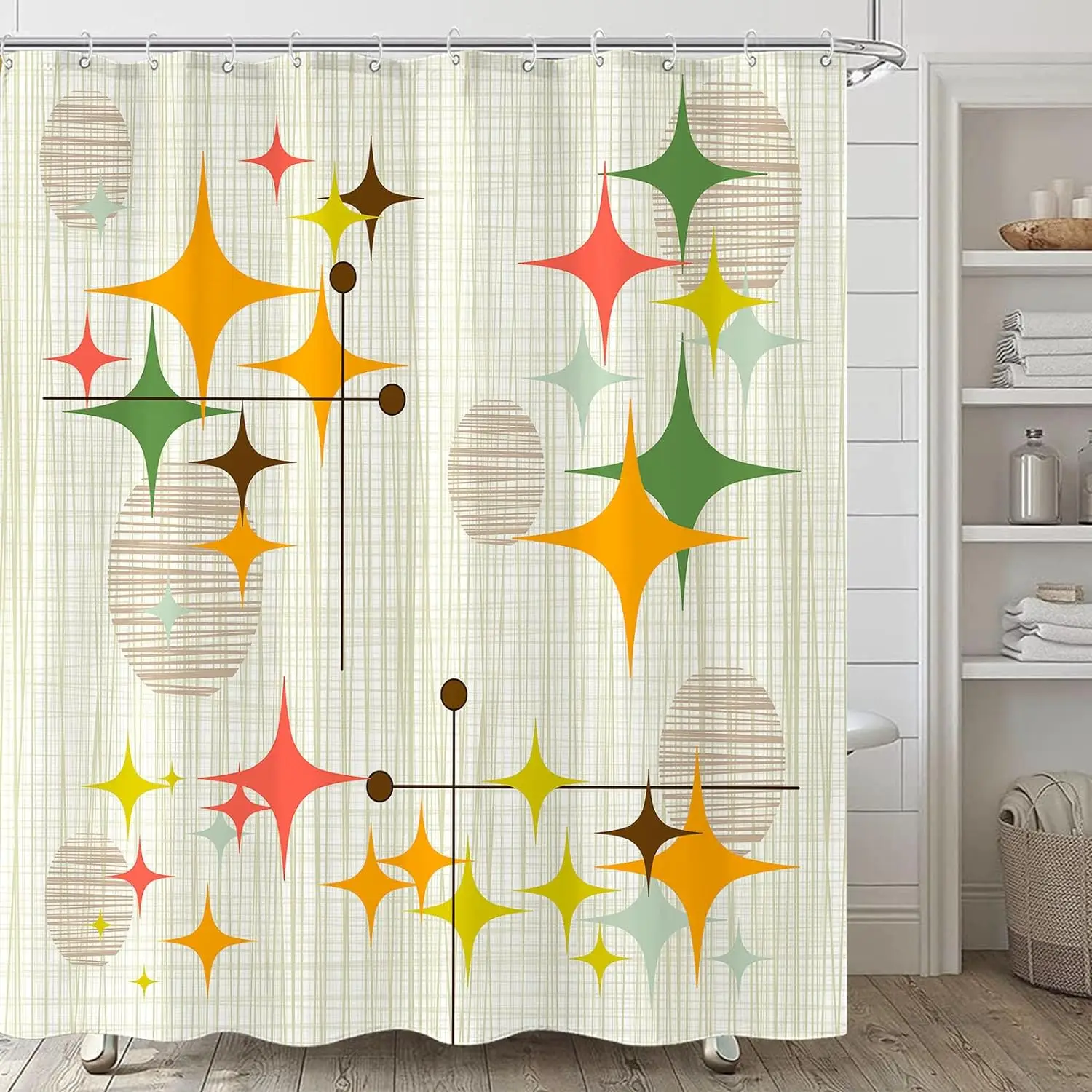 Mid Century Modern Shower Curtain Boho Retro Minimalist Abstract Geometric Home Bathroom Curtains Fabric Decor with Hooks