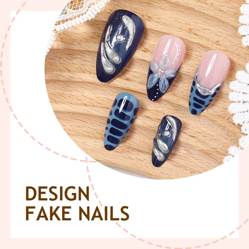 24 SZTUKI Niebieskie Gradientowe Paznokcie Sztuczne do Naklejania z Motywem Kwiatów 3D, Muszelki, Kształt Migdałowy, Sztuczne Paznokcie dla Kobiet, Słodkie, Metaliczne Srebrne Paznokcie w Stylu Ins