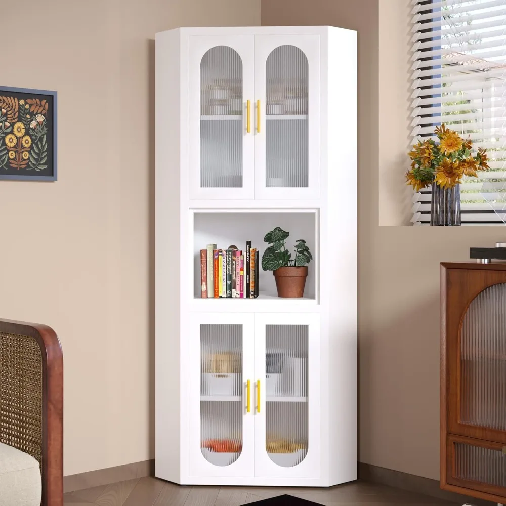 خزانة زاوية معدنية، خزانة تخزين زاوية طويلة مع 4 أبواب زجاجية أكريليك وأرفف قابلة للتعديل، خزانة مطبخ لـ