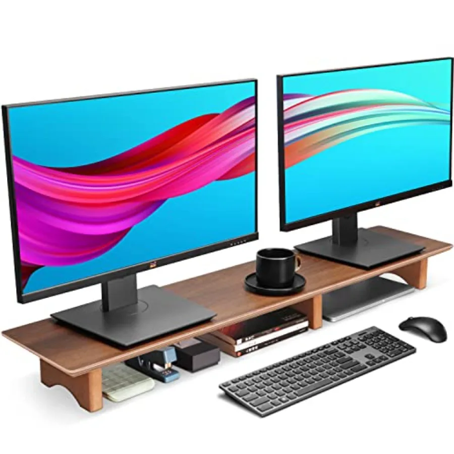 Solid Wood Dual Monitor Stand Riser for Desk 43 Inch Computer Monitor Riser with Cork Legs Extra Long Desktop Organizer Shelf f