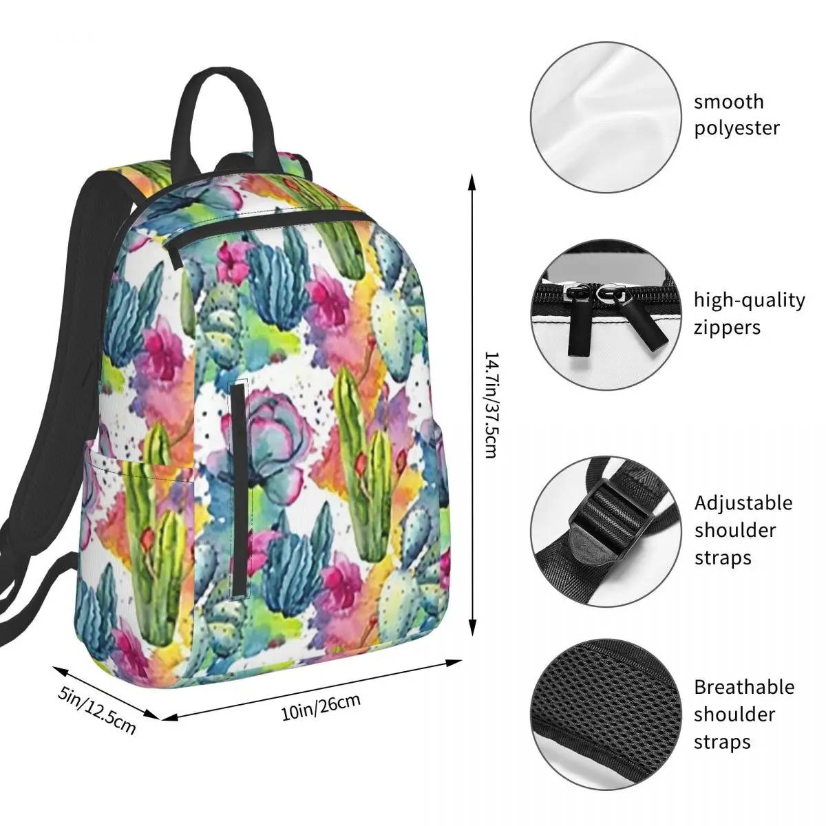 Exotic Wildflower Cactus Pattern Watercolor Style Stylish Backpack Student BookBag School Bag Computer Shoulder Bags Men Women