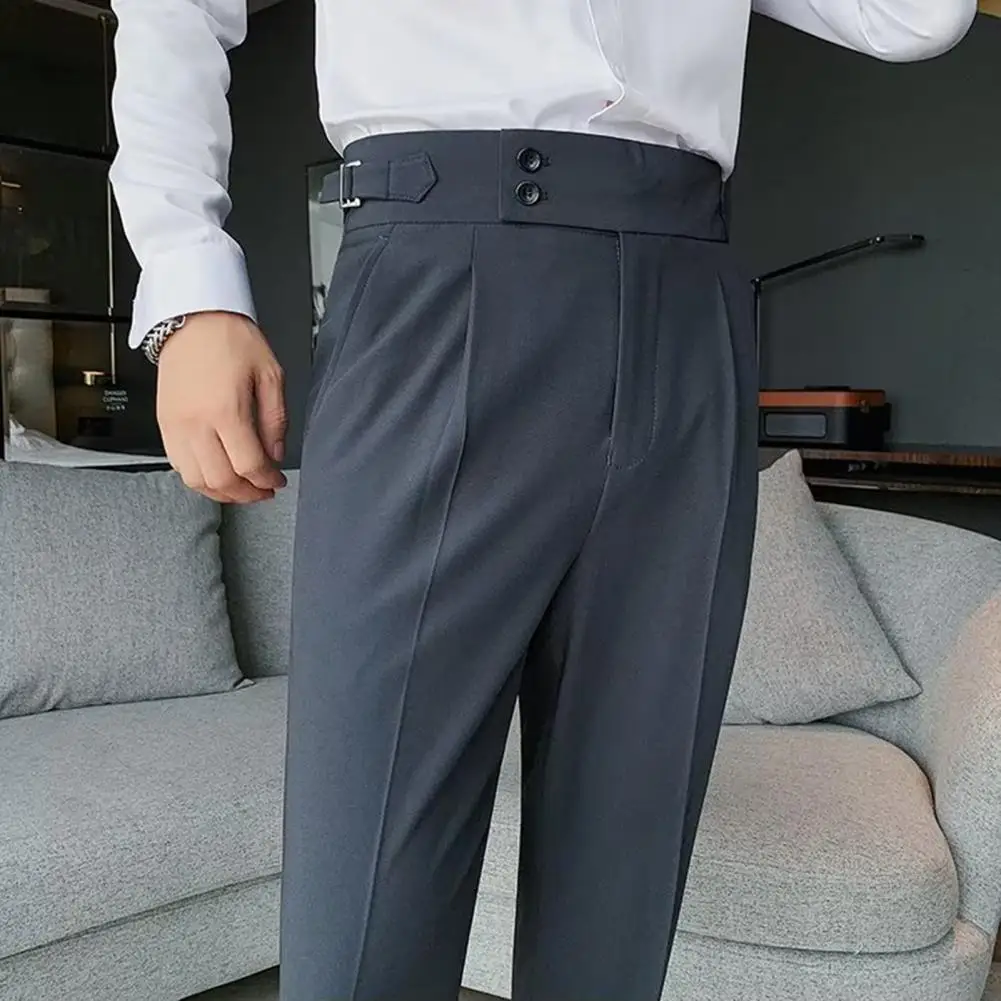 Men Solid Color Pants Classic Men\'s Office Trousers Slim Fit High Waist Vintage Pockets for Formal Business Style Men Pants