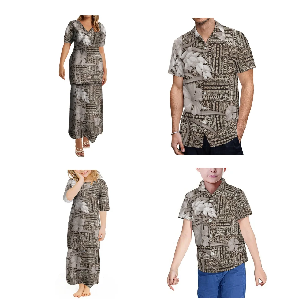 Summer Style Mother-Daughter Puletasi Double-Layer Suit Skirt Father-Son Shirt Top Tribal Ethnic Style Polynesian Print Custom