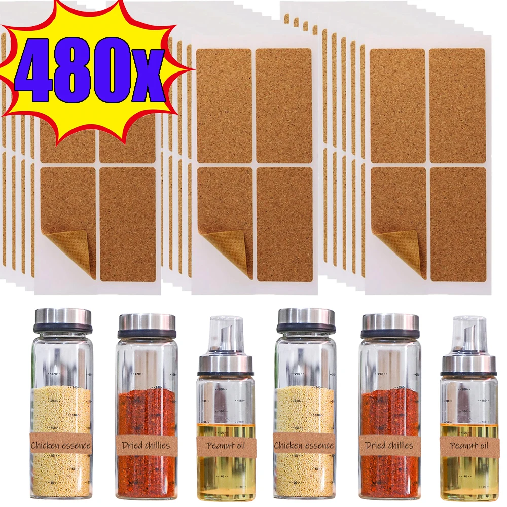 480/36PCS Cork Label Sticker Waterproof Self Adhesive Decoration Sticker Reusable Kitchen Spice Jars Classification Tags Sticker