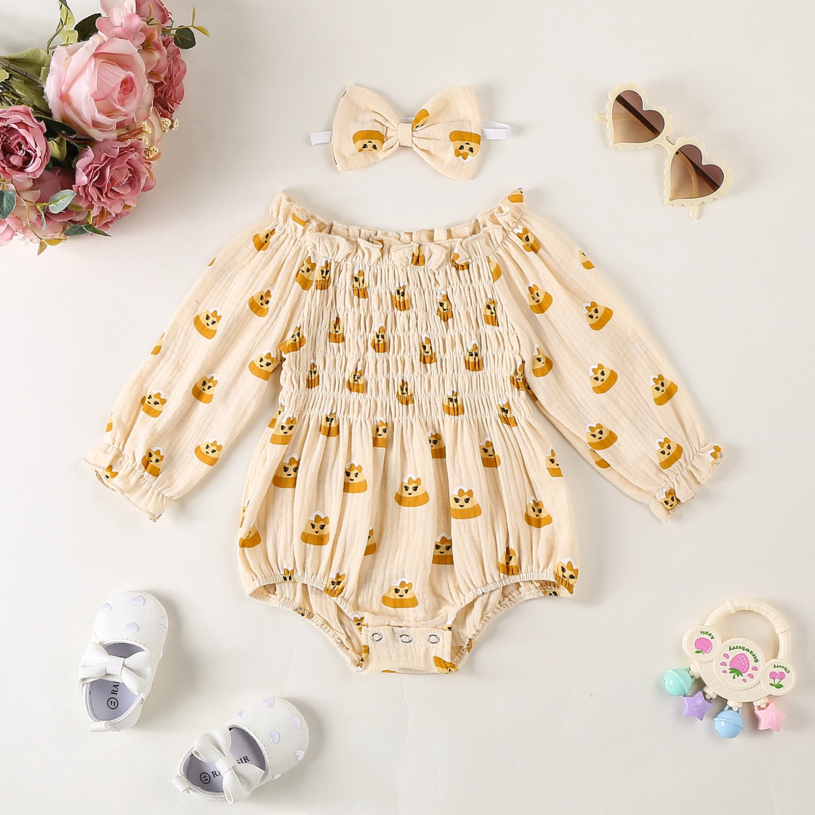 0-18M Baby Girls Halloween Casual Romper Long Sleeve Candy Print Trick-or Treaters Romper with Headband