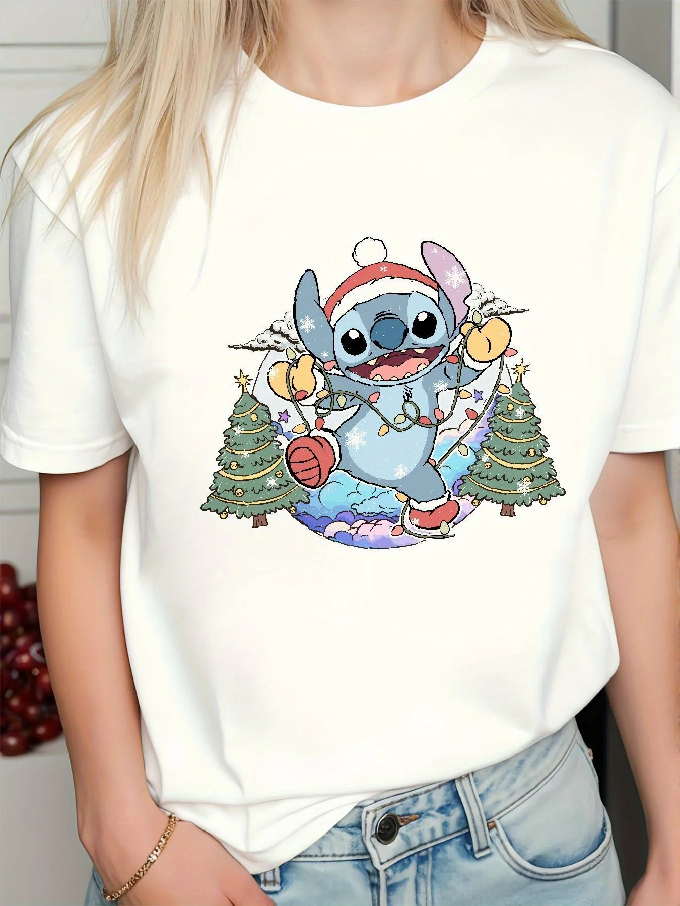 Disney Stitch Christmas T-Shirt Cotton Men's Women  Casual Trendy Oversized Streetwear Loose Short Sleeve Unisex Event Outfit