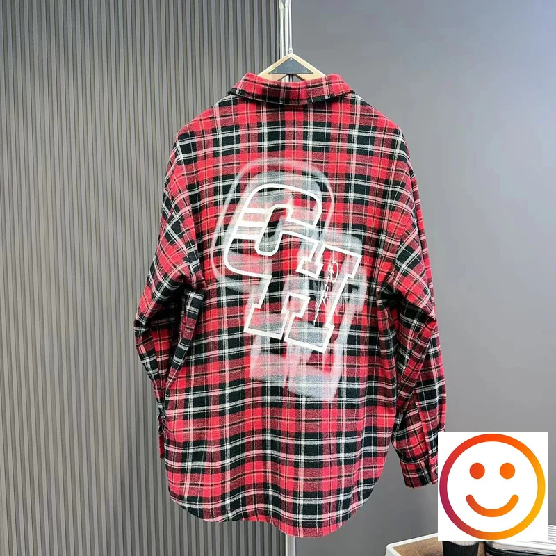 Casual Red Blue Coffee Autumn Versatile Loose Plaid Long Sleeve Shirt Men Women Couple Jacket Coat Print Letter Clothing Blouse