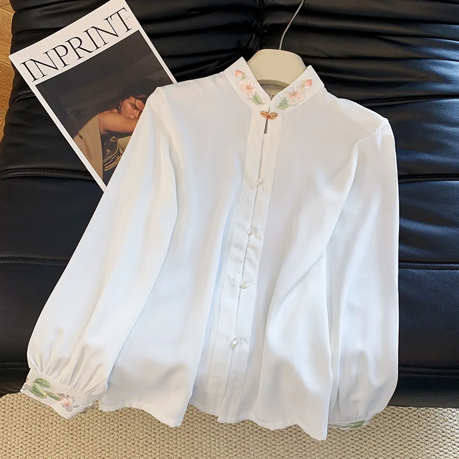 

New Chinese Style Long Sleeve Shirt Collar Embroidery Heavy Work Button up Top Ethnic Trend Revival Modified Traditional Clot...