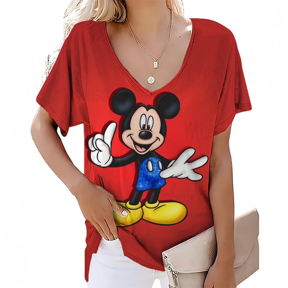 Summer Casual Tee Short Sleeve Women T-Shirts Disney Mickey Mouse Print Street Tops Female V-Neck Loose T-Shirt 5XL Size Top