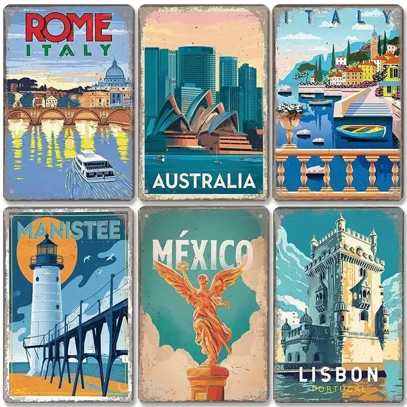 Vintage Capital City Scenery Tin Sign Metal Plate Mexico Greece Canada Dubai Metal Poster For Cafe Bar Club Pub Home Wall Decor