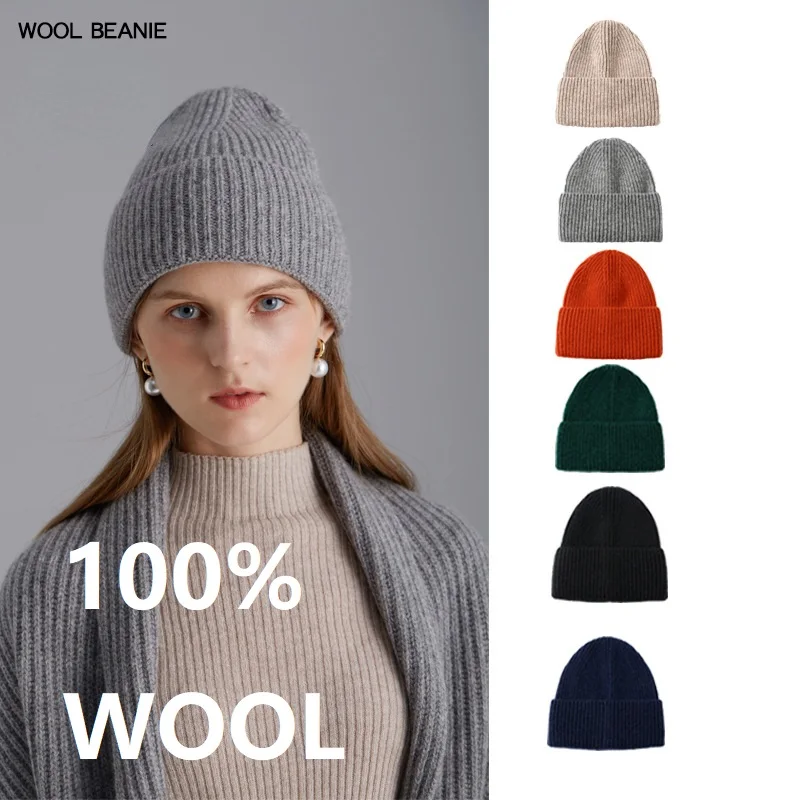100% Merino Wool Beanie Hat Unisex Solid Color Crochet Skullies Autumn Winter Knitted Cap for Women Men Boys Girls