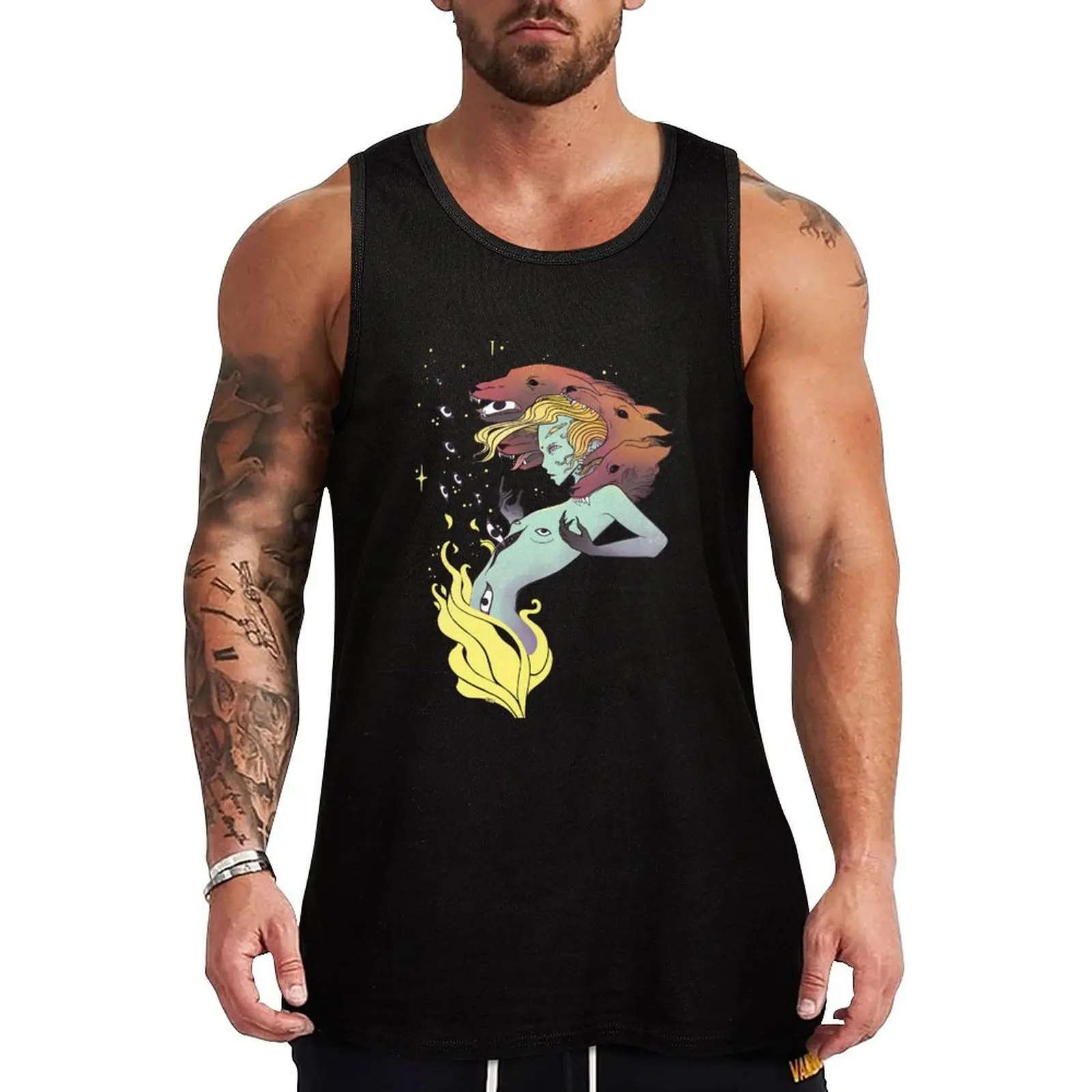 

Fire Witch With Wolf Heads And Stars Tank Top sleeveless t-shirts for men Men's clothing brands