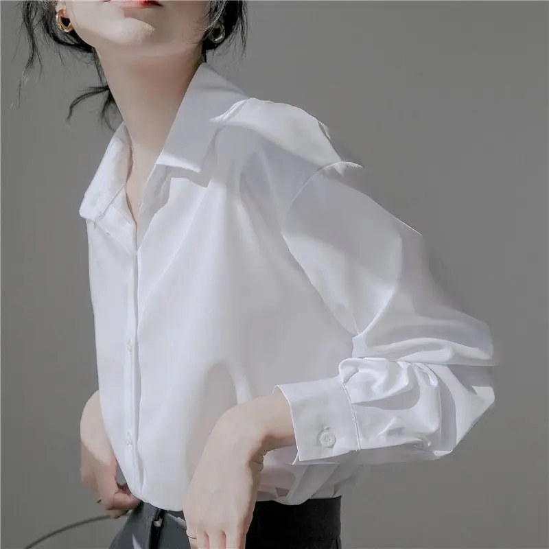 Spring Summer New White All-match Youth Loose Blouse Solid Polo Neck Long Sleeve Trend Shirt Tops Fashion Korean Women Clothing