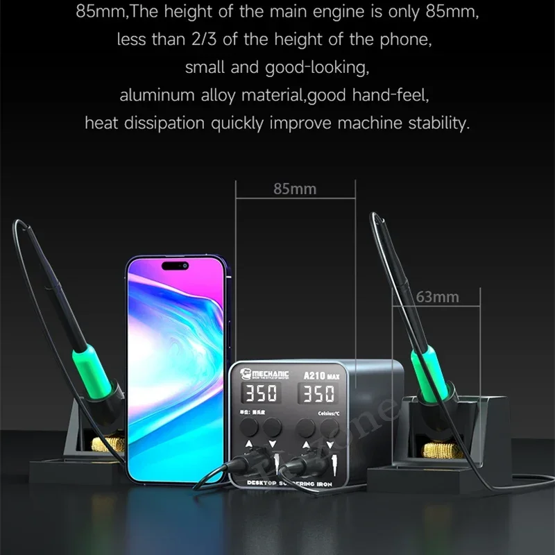 ميكانيكي A210 MAX محطة لحام سطح المكتب الذكية 100 واط مع قاعدة مقبض مزدوج LED شاشة كبيرة مناسبة لطرف لحام C210