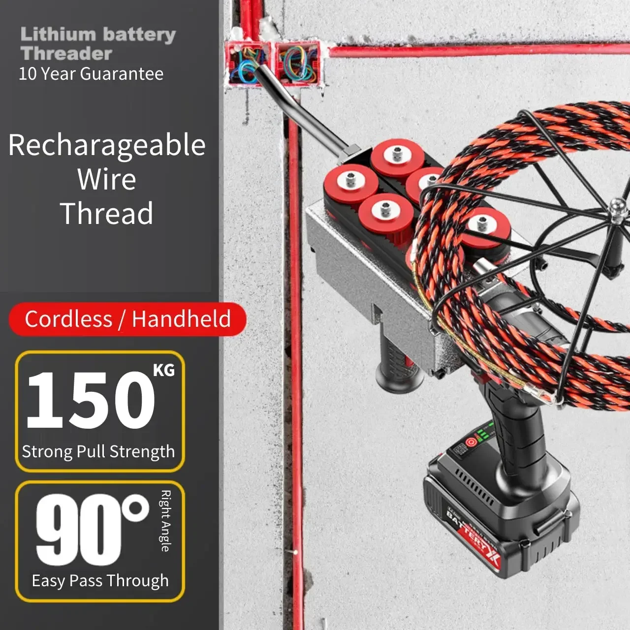 Cordless Wire Threading Tool 21V with 100FT Cable Lead Stringing for Running Wire Through Wall