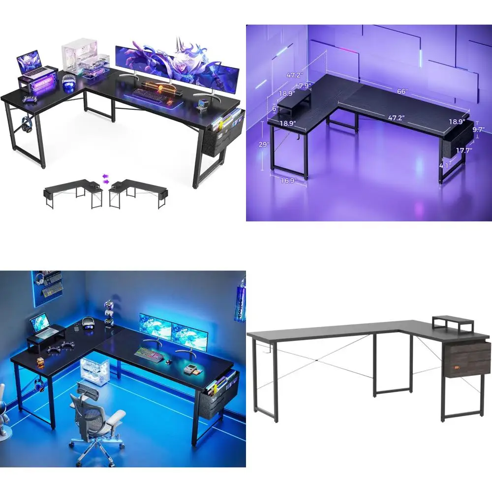 

L-Shaped Desk, 66 Corner Computer Desk, Gaming and Home Office Desk with Monitor Shelf, Space-Saving Workstation