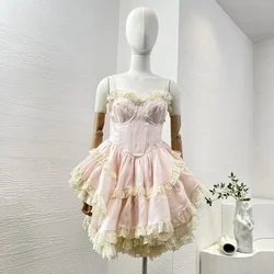 Women Mini Dress 2024 New High Quality Summer Pink Sleeveless Lace Patchwork Puffy Plaet Sweet Elegant for Party Birthday Lady