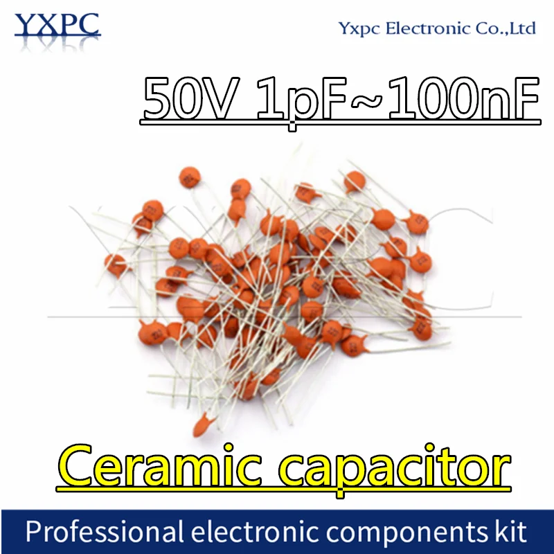 Condensador cerámico 100 piezas 50V 1pF ~ 100nF 0,1 uF 104 4.7PF 10PF 22PF 33PF 47PF 100PF 101 220PF 221 330PF 470PF 1NF 103 47NF 473 68