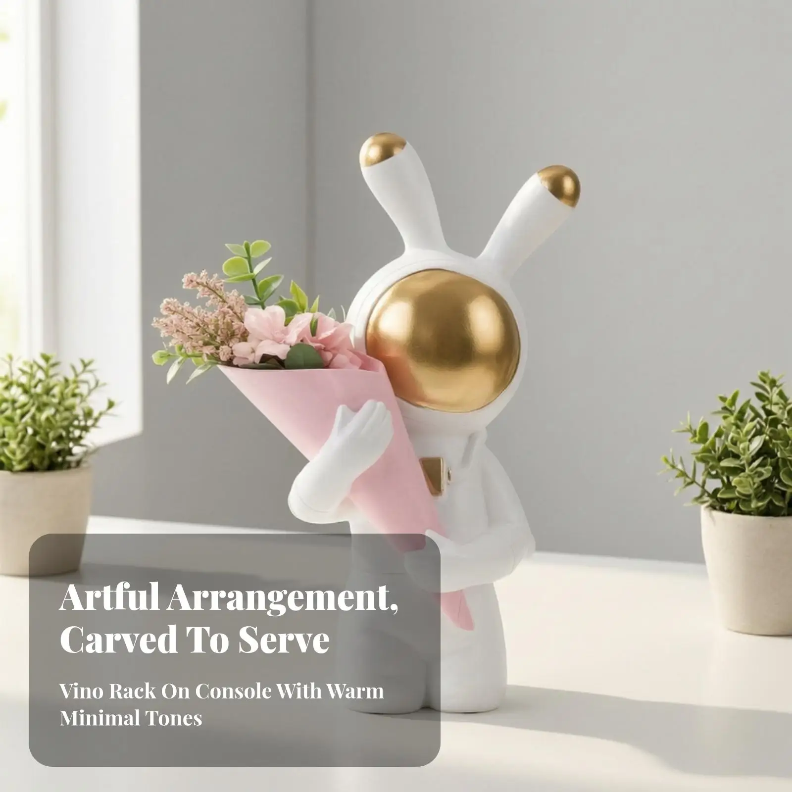 White Gold Space Rabbit Vase Resin Astronaut Hare Statue for Display Cabinet Desktop Ornament Modern Interior Shelf Decor