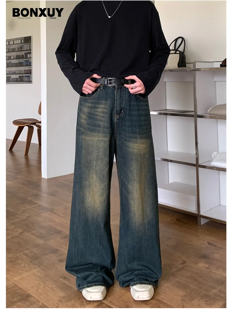 

BONXUY VintageNiche retro distressed washed wide-leg jeans for men loose and versatile floor-length drapey casual pants