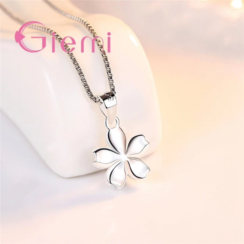 High Quality Cherry Blossoms Flowers Five Petals Design Pink Clear CZ 925 Sterling Silver Women Bridal Wedding Pendant Necklace
