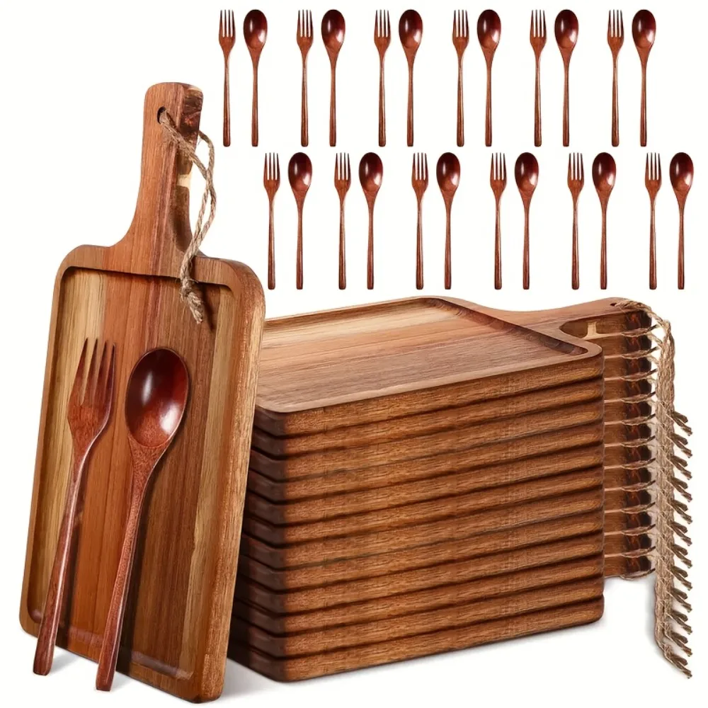 

12 Sets Of Acacia Wood Cutting Board With Wooden Spoon And Wooden Fork, Kitchen Cutting Board With Handle Wooden Serving Plate