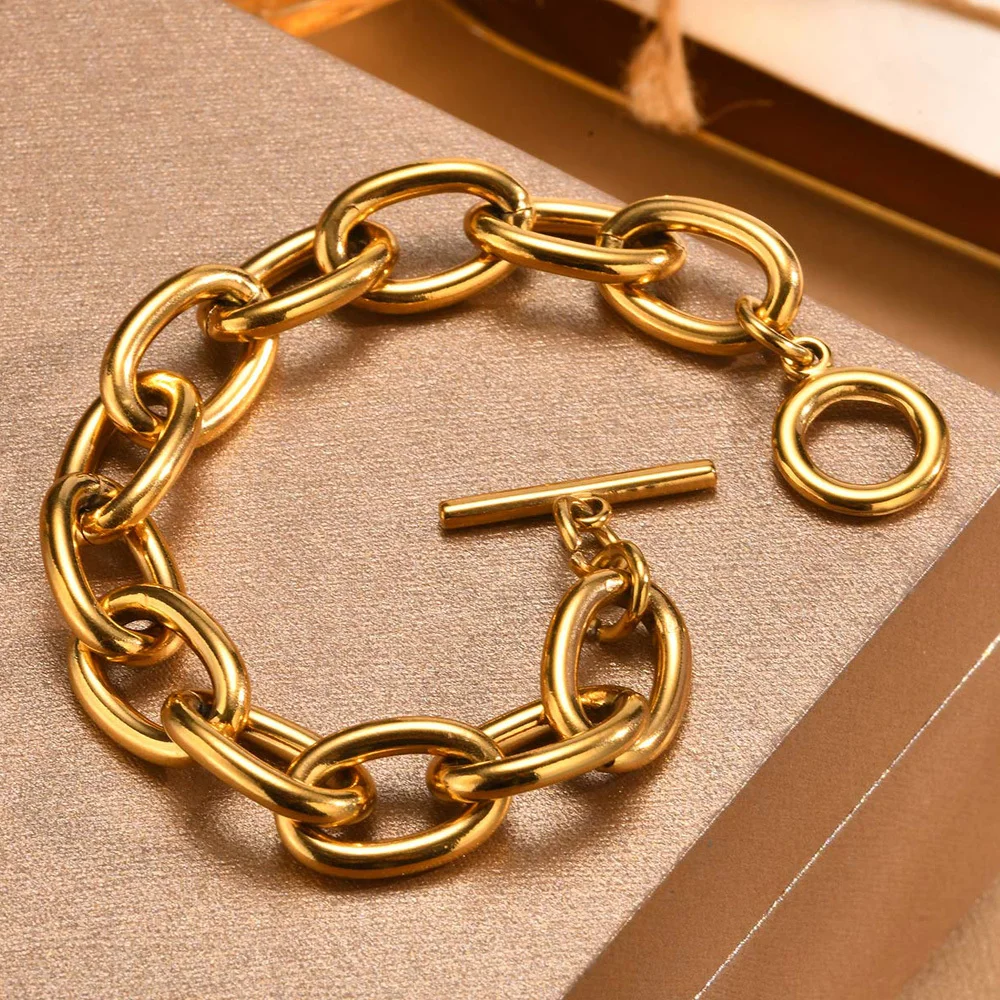 Pulseras de eslabones gruesos y llamativos para mujer, de acero inoxidable con cierre OT, chapadas en oro, resistentes al deslustre
